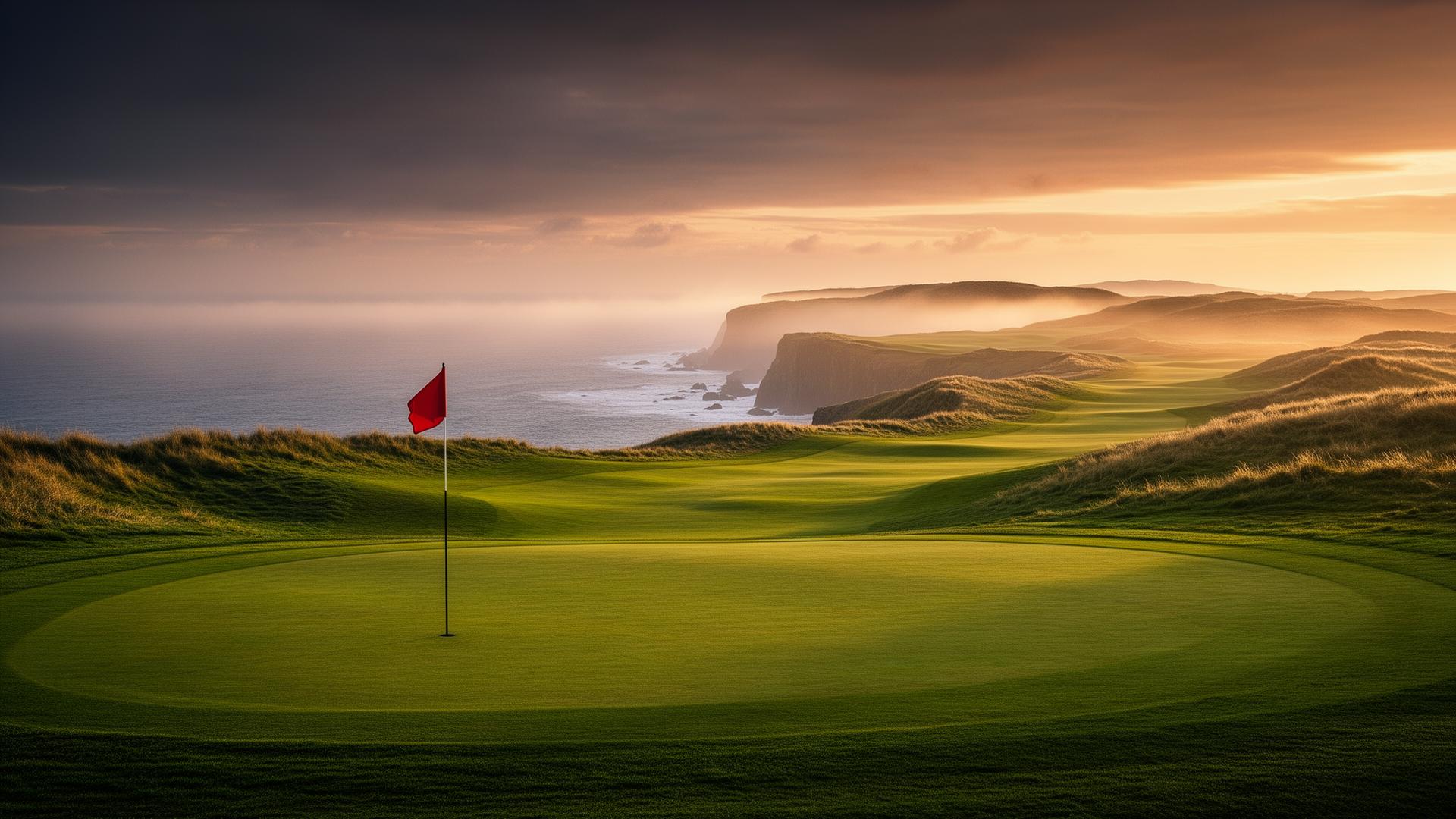 Coastal links golf course at sunset